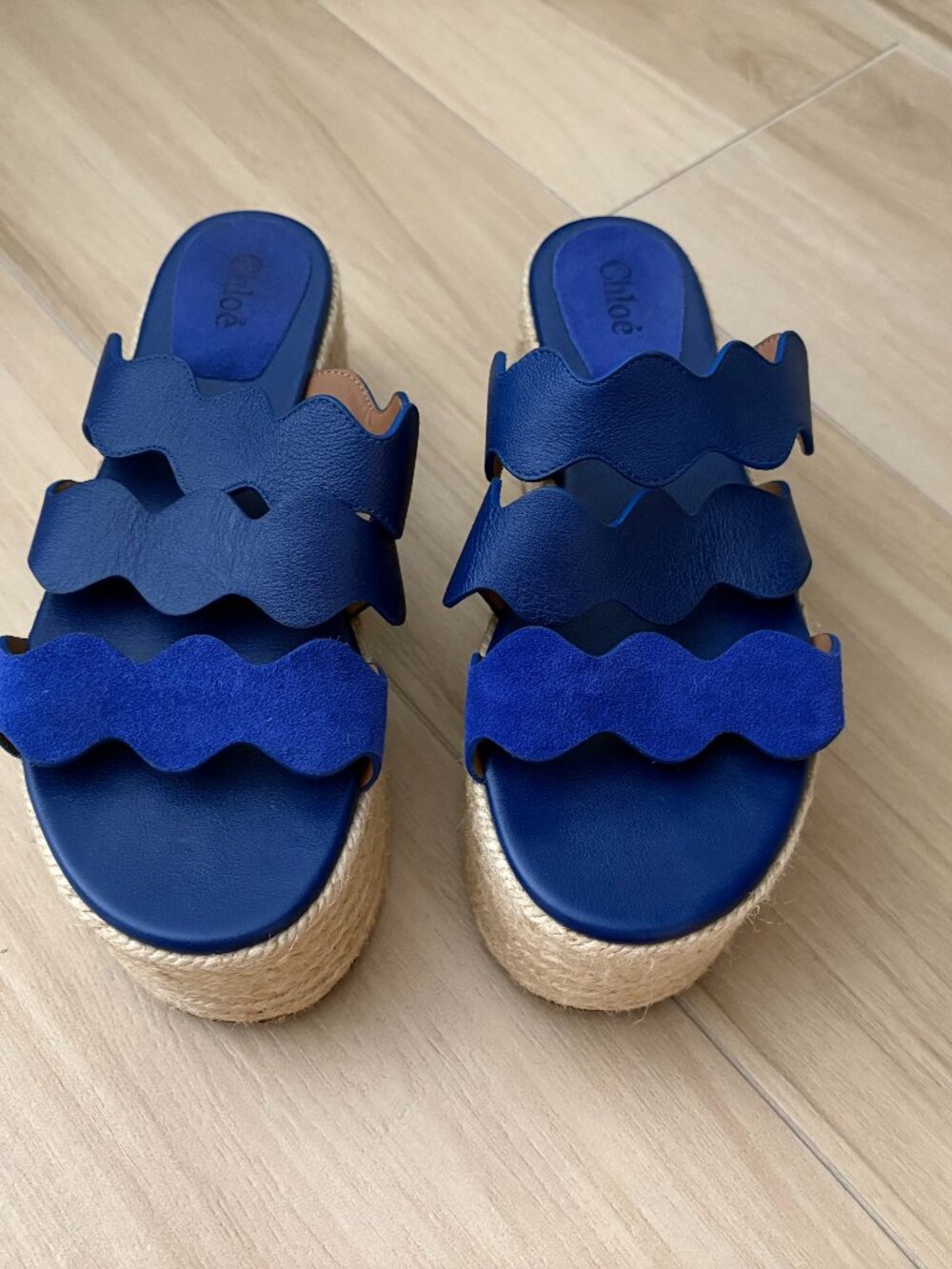 Chloe - Royal Blue Leather Squiggle Strap Espadrille Platform Sandals